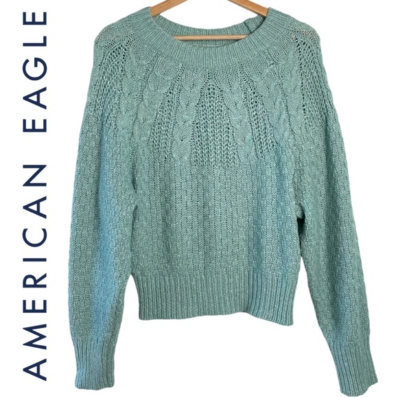 American Eagle Outfitters Sweaters - American Eagle Cable Knit Pullover Cropped Sweater Light Blue Sweater Size Med